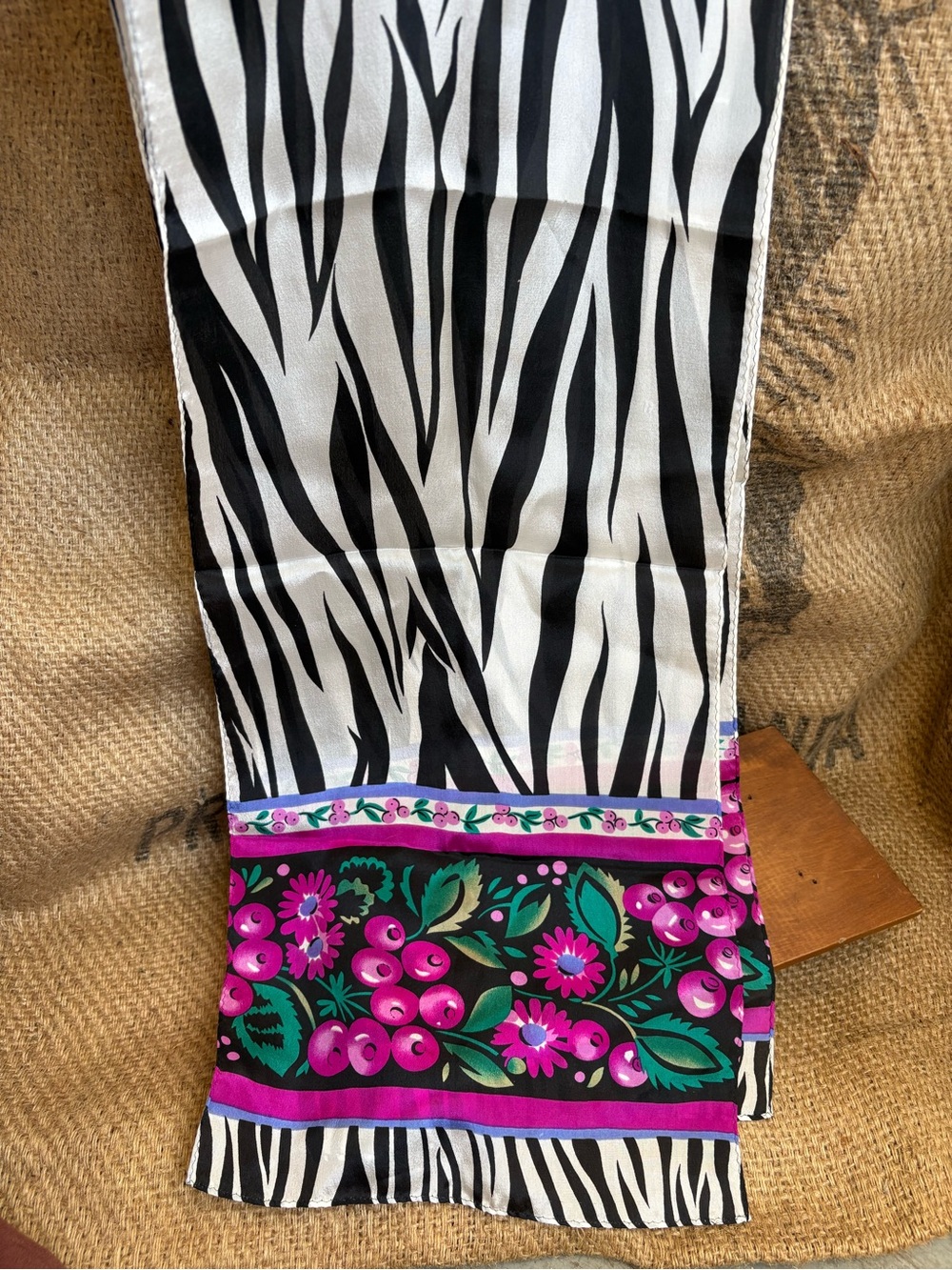Vintage Usna Zebra Stripe Floral Border 100% Silk Scarf - Black, White & Magenta
